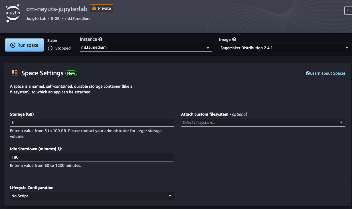Lifecycle Configurationの指定なしでスペースを起動
